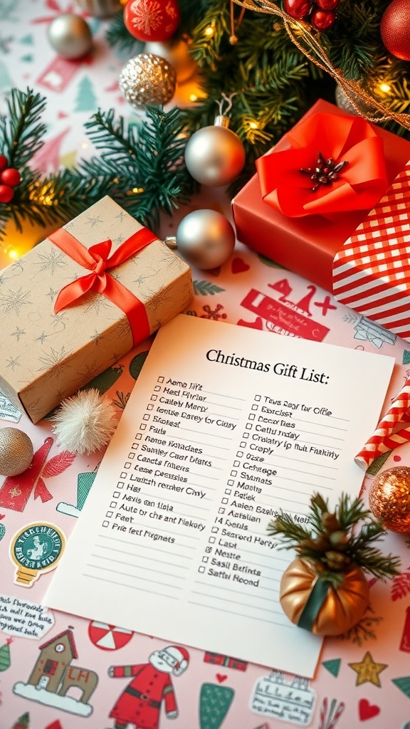 A festive Christmas gift list with colorful wrapping paper and decorations.